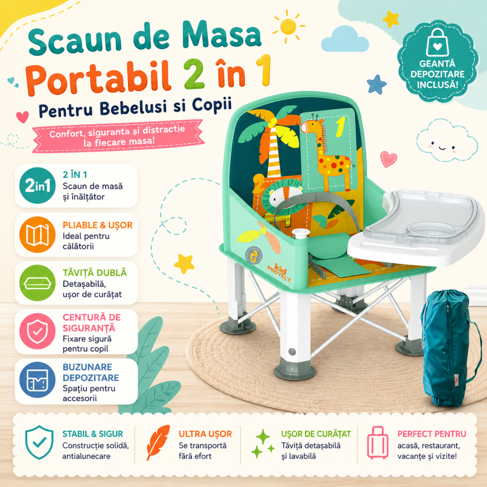 Scaun de Masa Portabil 2 in 1 Pentru Bebelusi si Copii, KidProtect Easy Mom