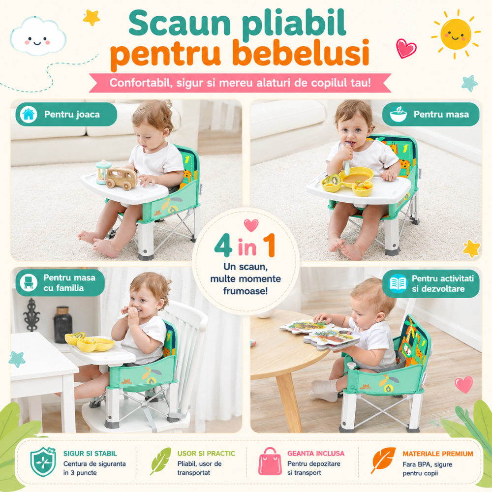 Scaun de Masa Portabil 2 in 1 Pentru Bebelusi si Copii, KidProtect Easy Mom