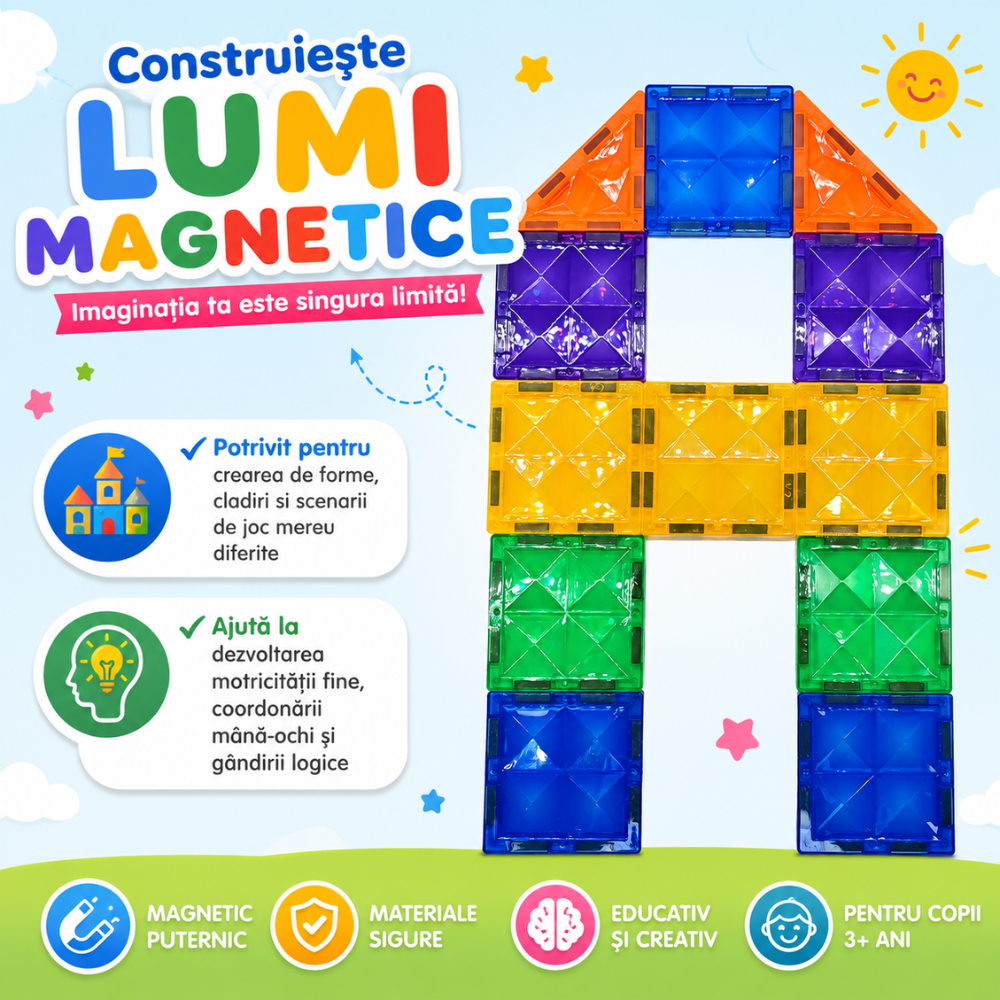Set Constructie Blocuri Magnetice Copii KidProtect Big Tiles Puzzle