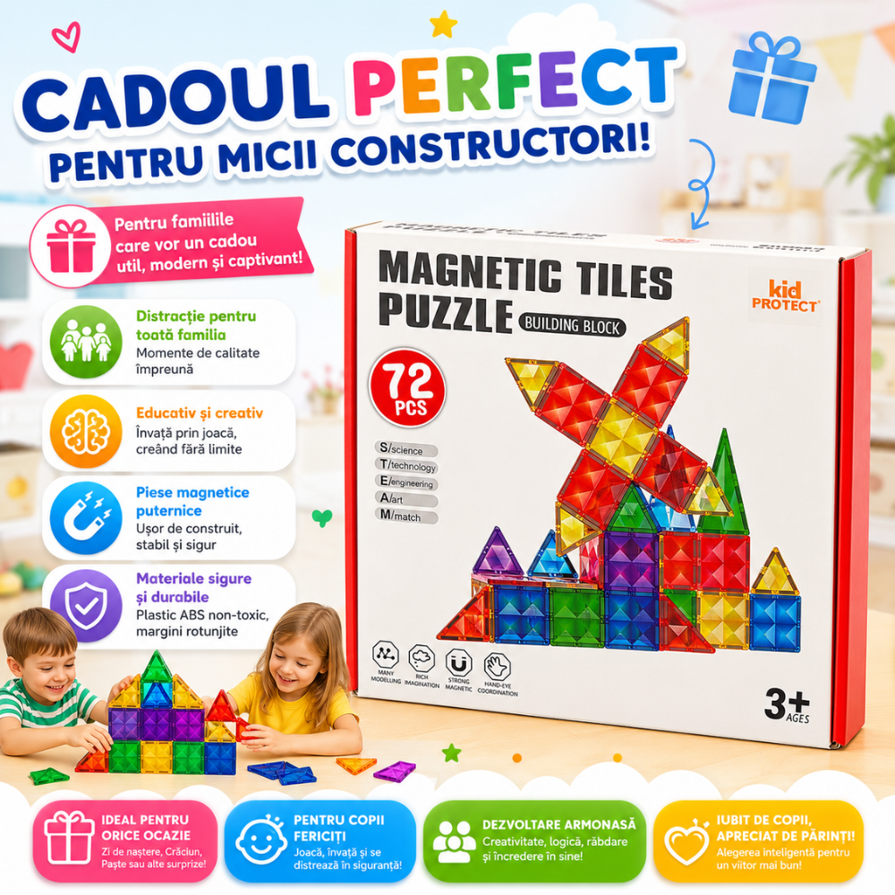 Set Constructie Blocuri Magnetice Copii KidProtect Big Tiles Puzzle
