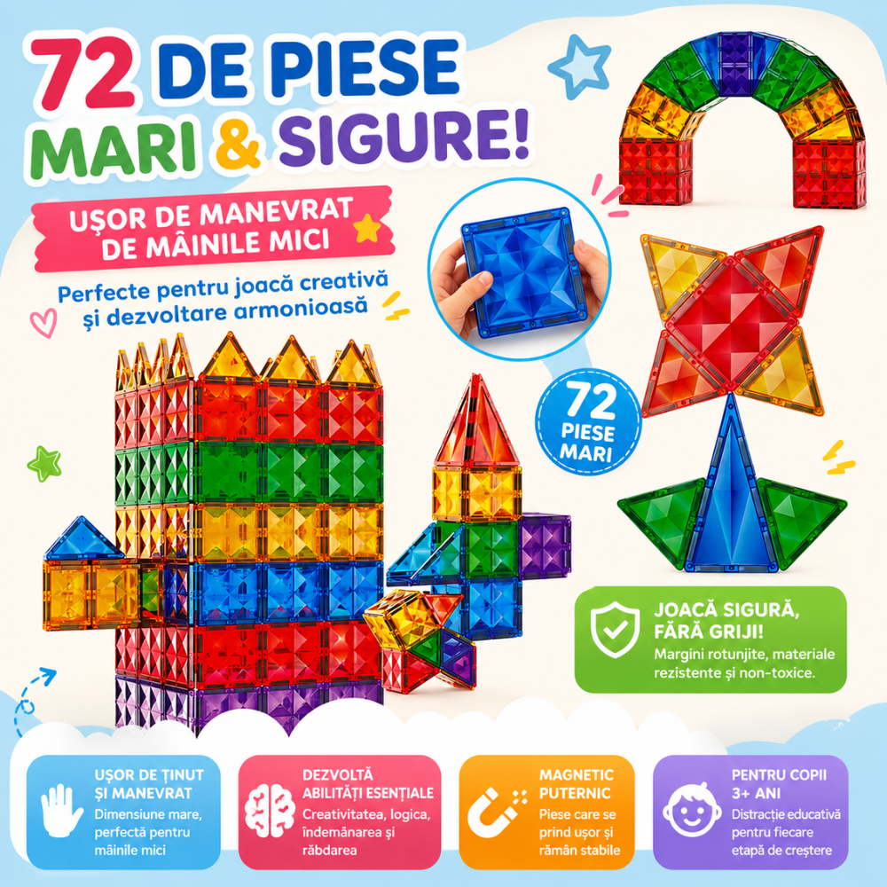 Set Constructie Blocuri Magnetice Copii KidProtect Big Tiles Puzzle