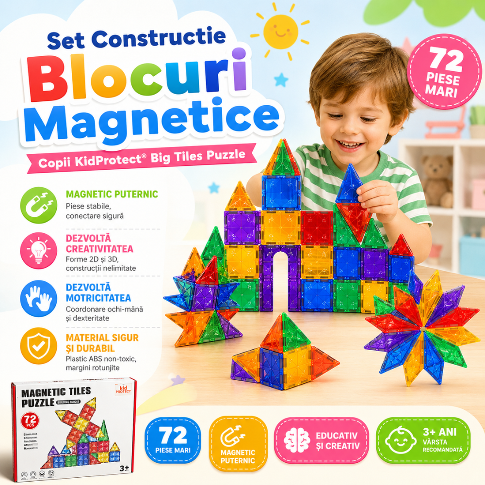 Set Constructie Blocuri Magnetice Copii KidProtect Big Tiles Puzzle
