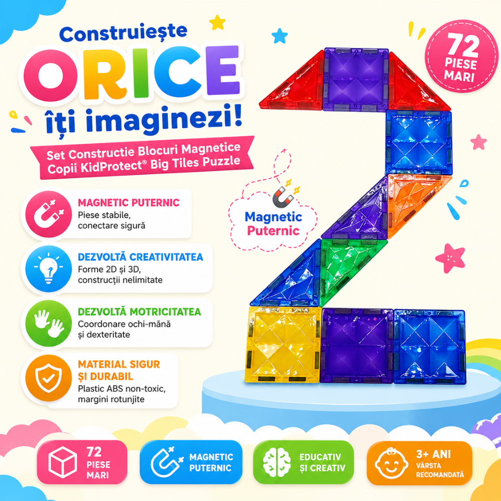Set Constructie Blocuri Magnetice Copii KidProtect Big Tiles Puzzle