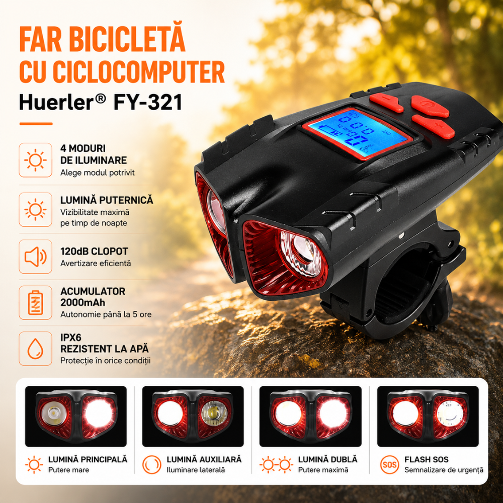 Far bicicleta cu ciclocomputer Huerler FY-321