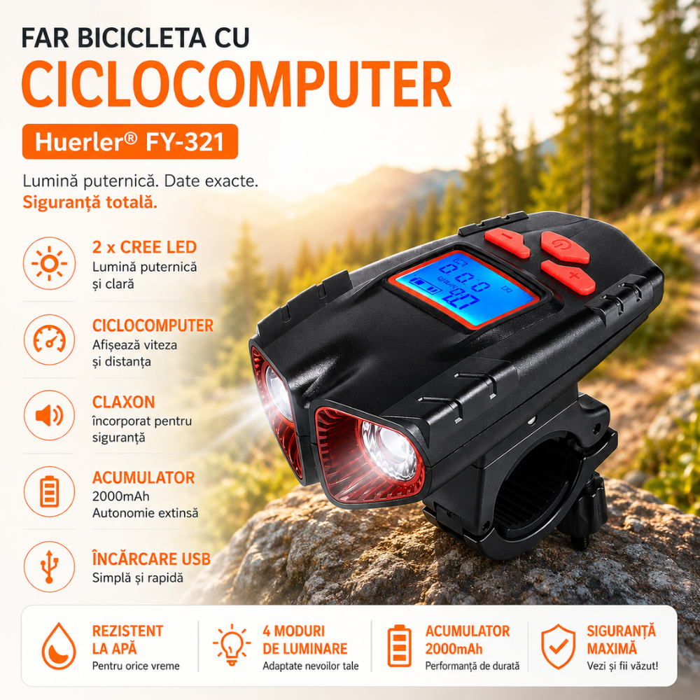 Far bicicleta cu ciclocomputer Huerler FY-321