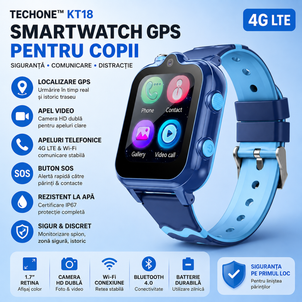 Ceas smartwatch GPS copii cu localizare si telefon Techone KT18, Albastru