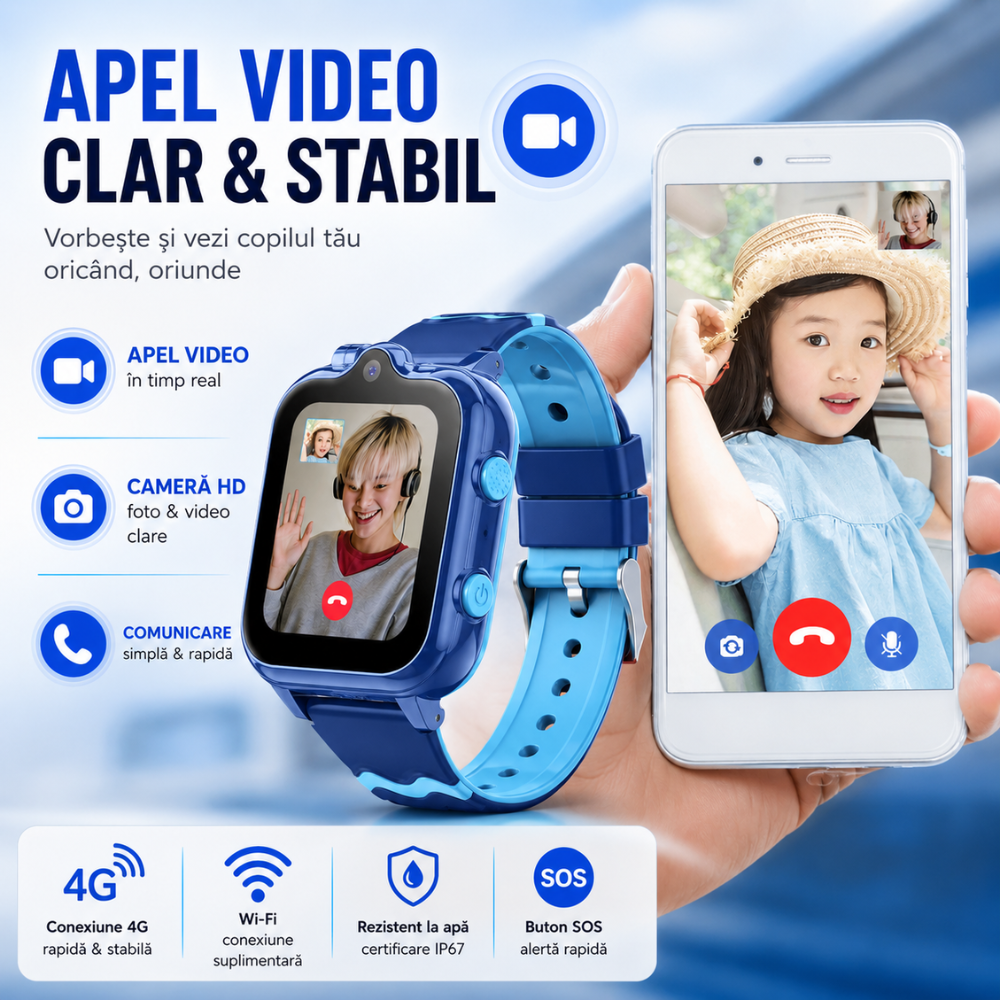 Ceas smartwatch GPS copii cu localizare si telefon Techone KT18, Albastru