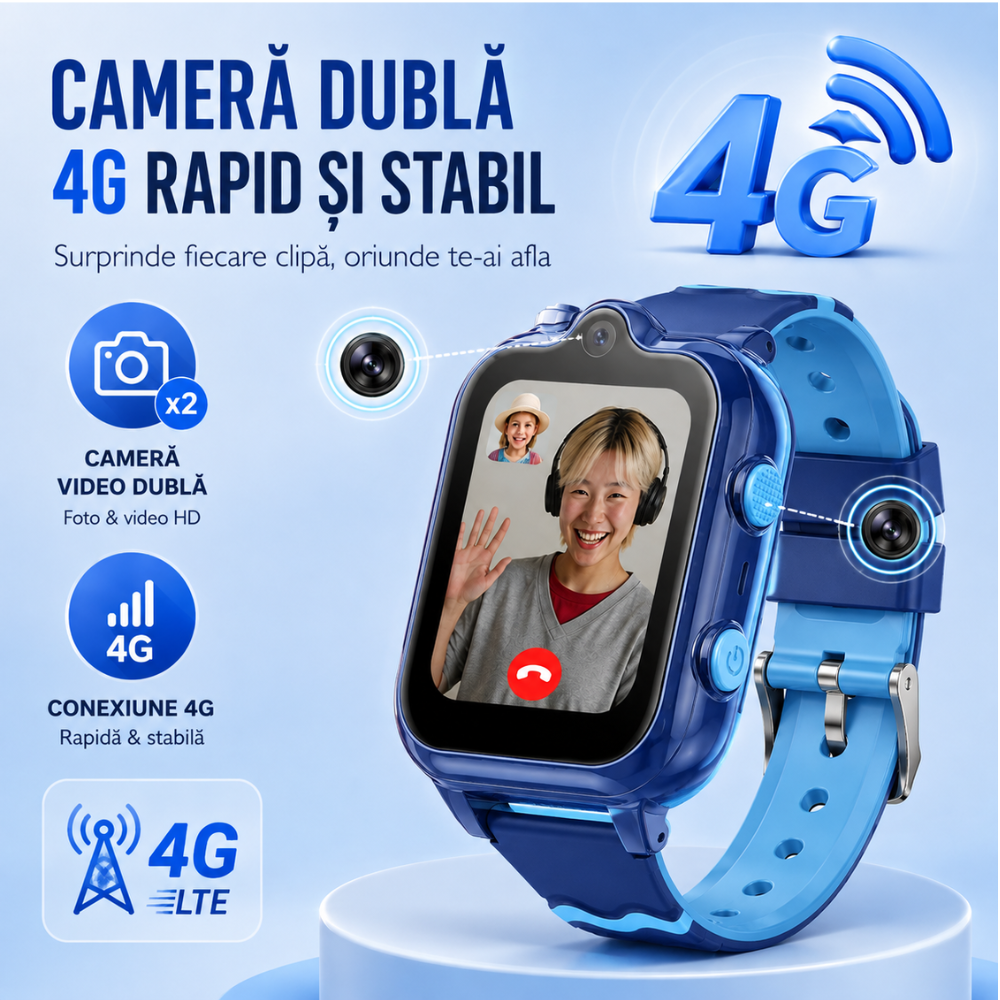 Ceas smartwatch GPS copii cu localizare si telefon Techone KT18, Albastru