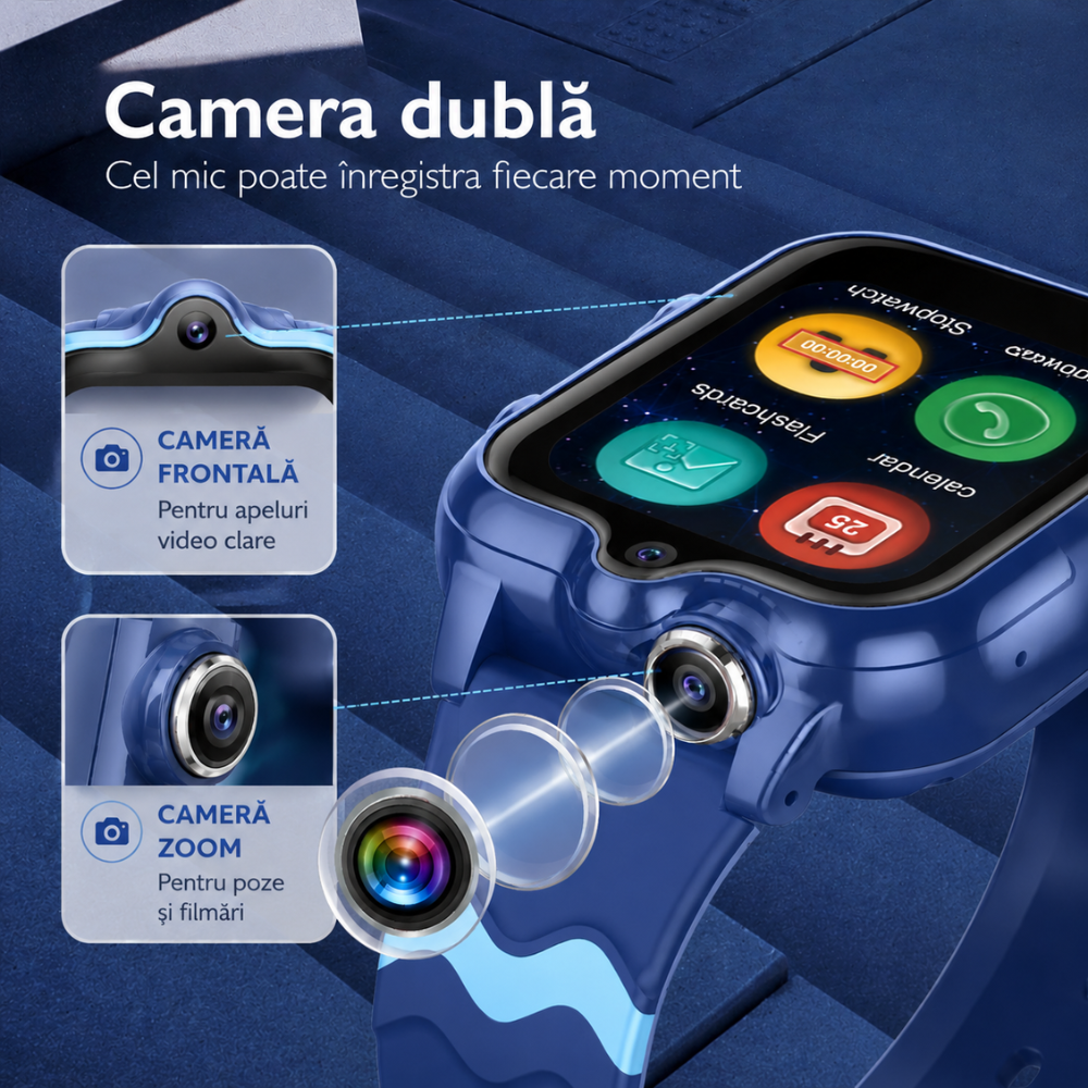Ceas smartwatch GPS copii cu localizare si telefon Techone KT18, Albastru