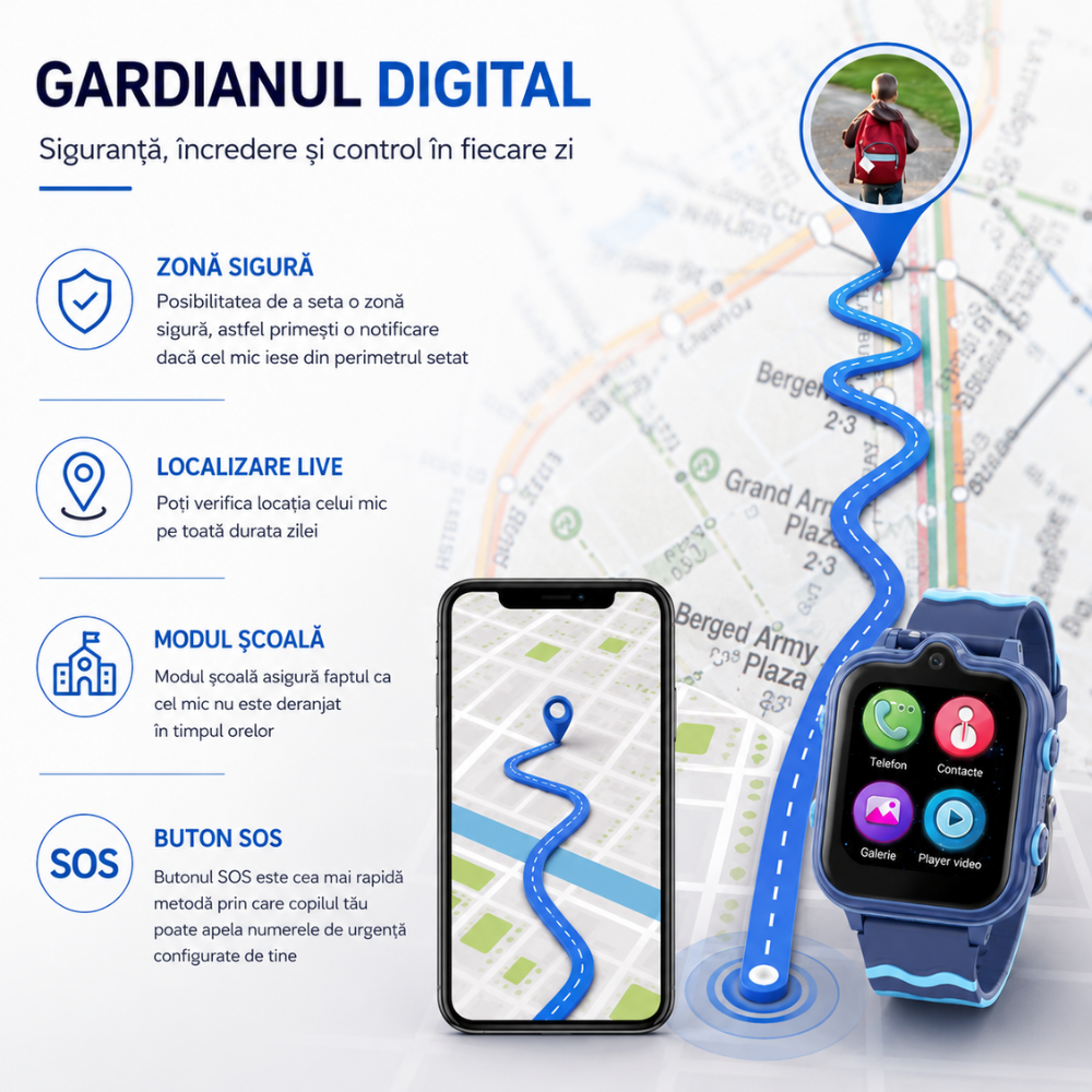 Ceas smartwatch GPS copii cu localizare si telefon Techone KT18, Albastru