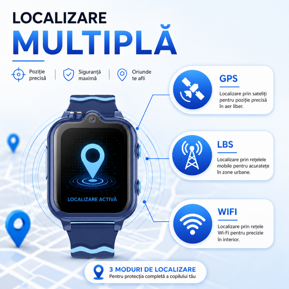 Ceas smartwatch GPS copii cu localizare si telefon Techone KT18, Albastru