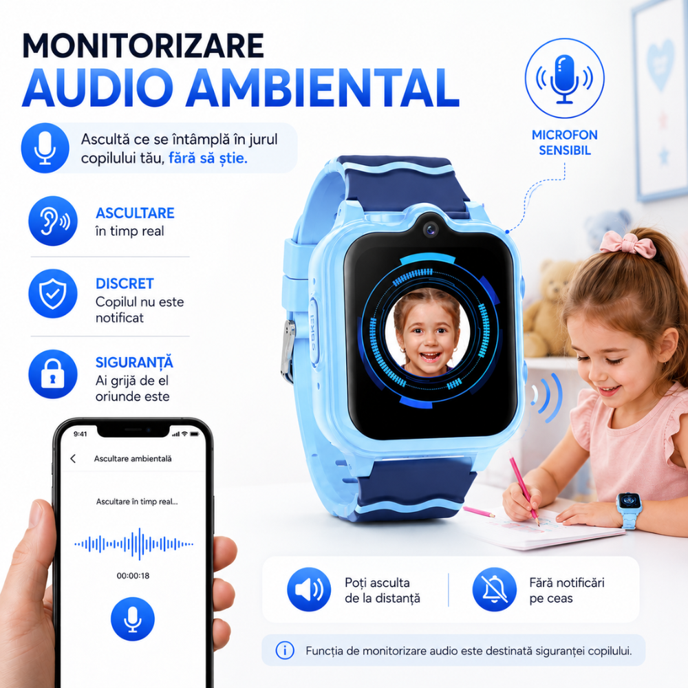 Ceas smartwatch GPS copii cu localizare si telefon Techone KT18, Albastru