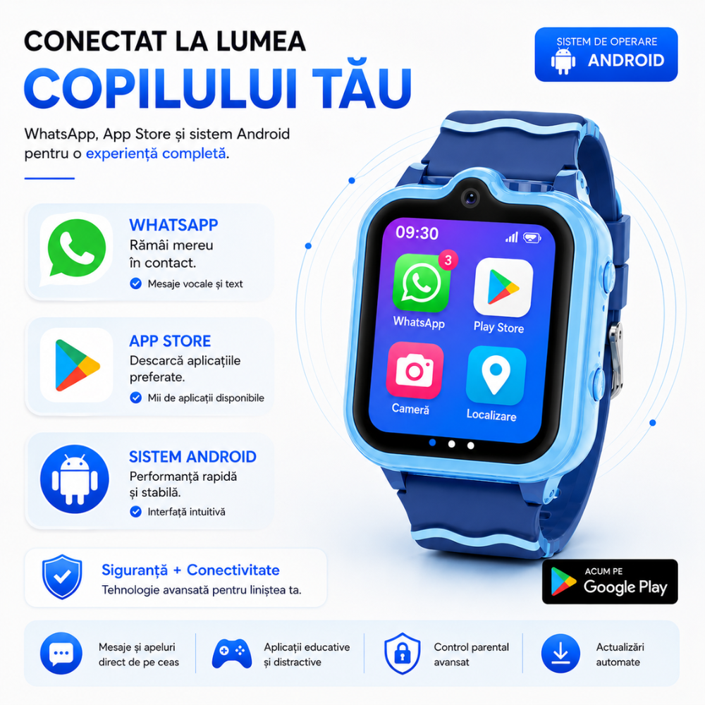 Ceas smartwatch GPS copii cu localizare si telefon Techone KT18, Albastru