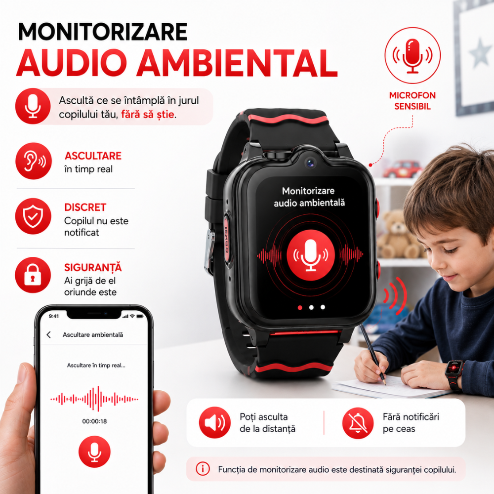 Ceas smartwatch GPS copii cu localizare si telefon Techone KT18, Negru
