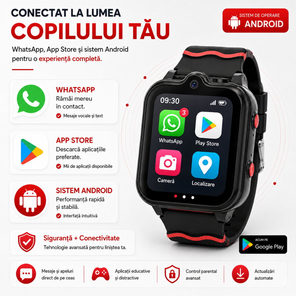 Ceas smartwatch GPS copii cu localizare si telefon Techone KT18, Negru