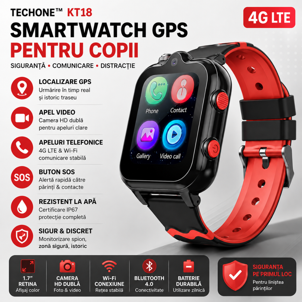 Ceas smartwatch GPS copii cu localizare si telefon Techone KT18, Negru