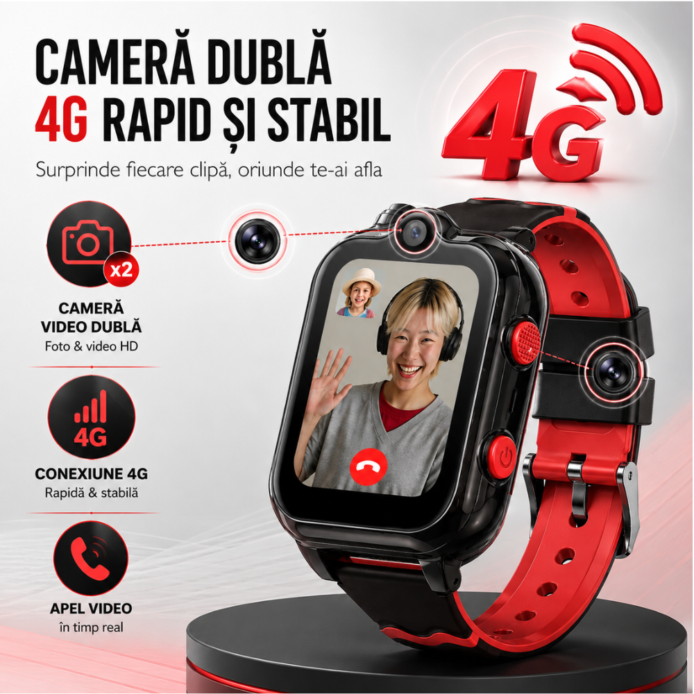 Ceas smartwatch GPS copii cu localizare si telefon Techone KT18, Negru