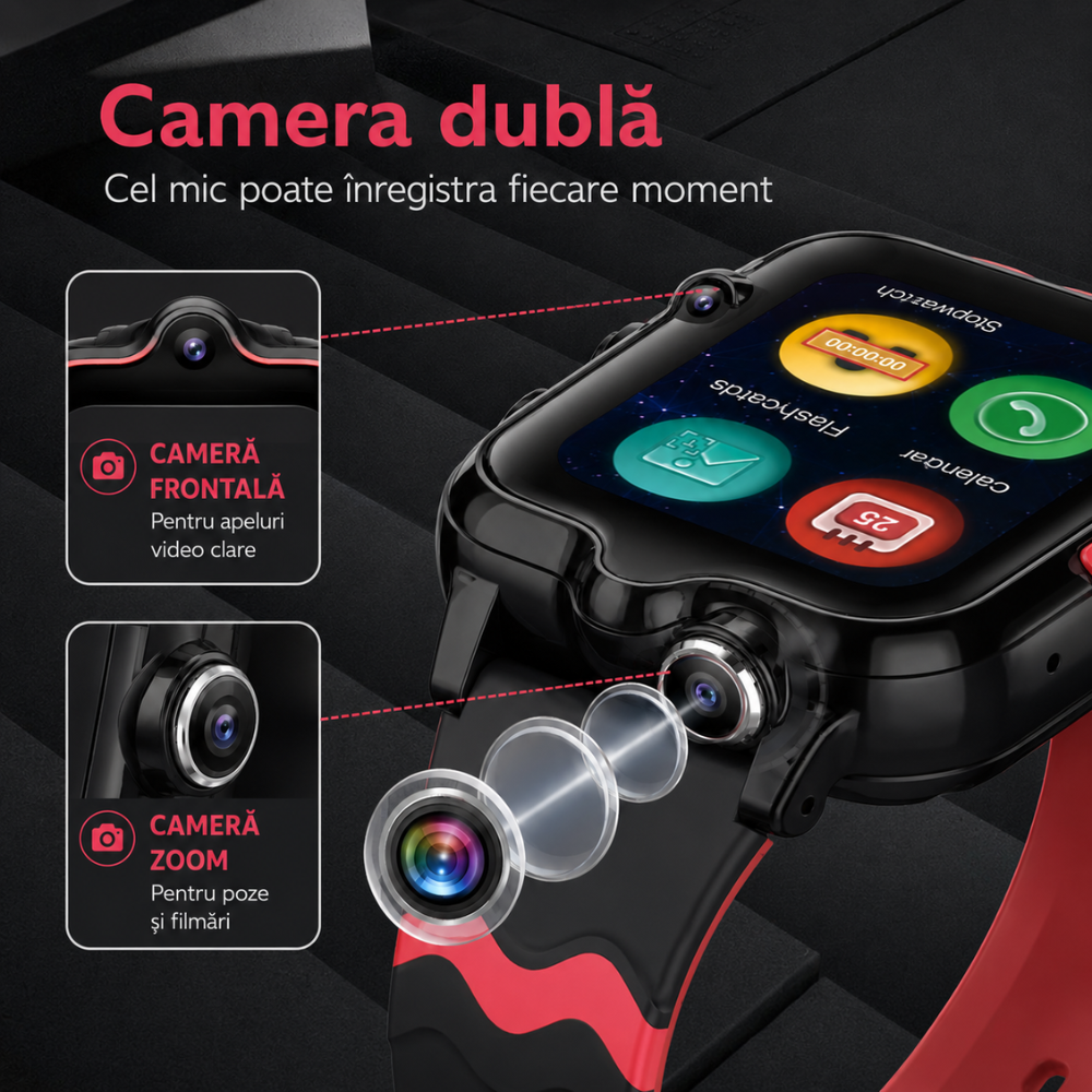 Ceas smartwatch GPS copii cu localizare si telefon Techone KT18, Negru