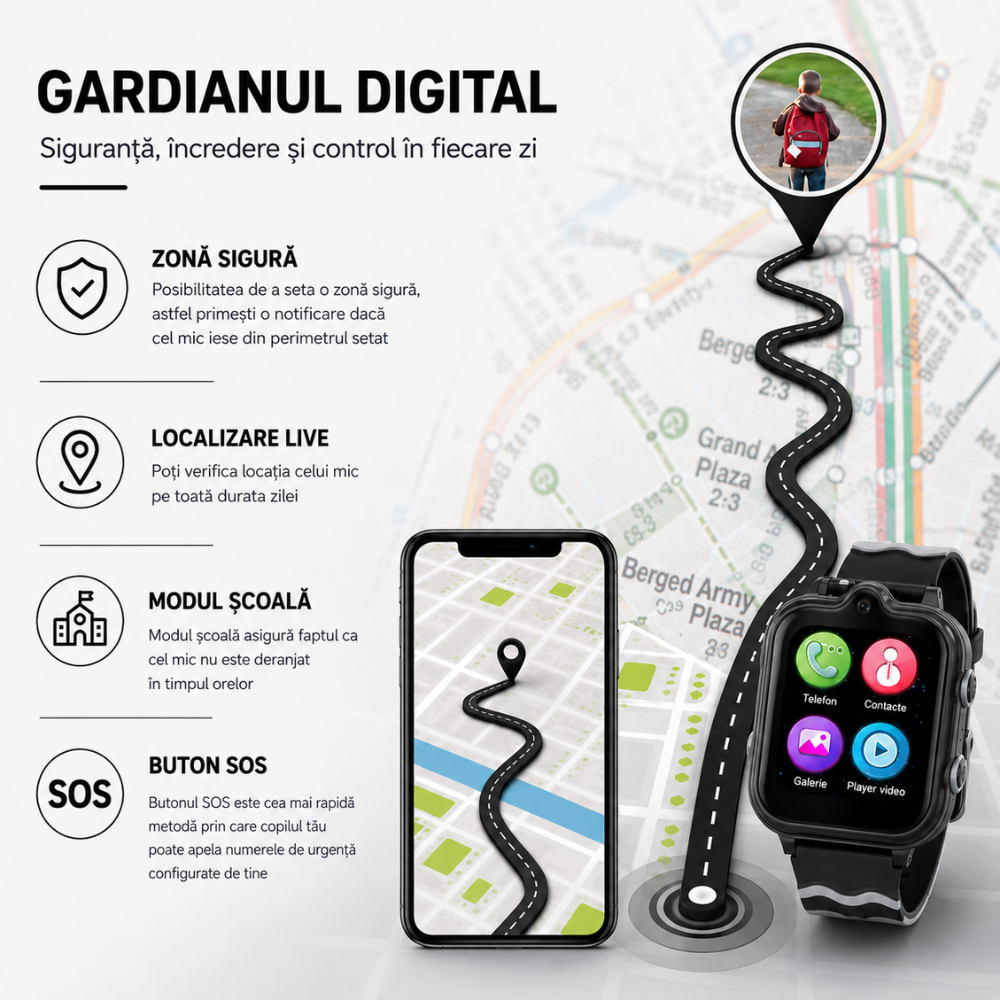 Ceas smartwatch GPS copii cu localizare si telefon Techone KT18, Negru