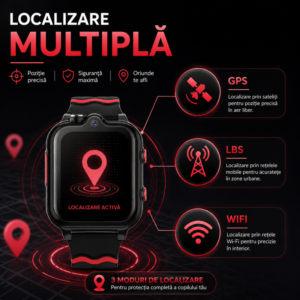 Ceas smartwatch GPS copii cu localizare si telefon Techone KT18, Negru