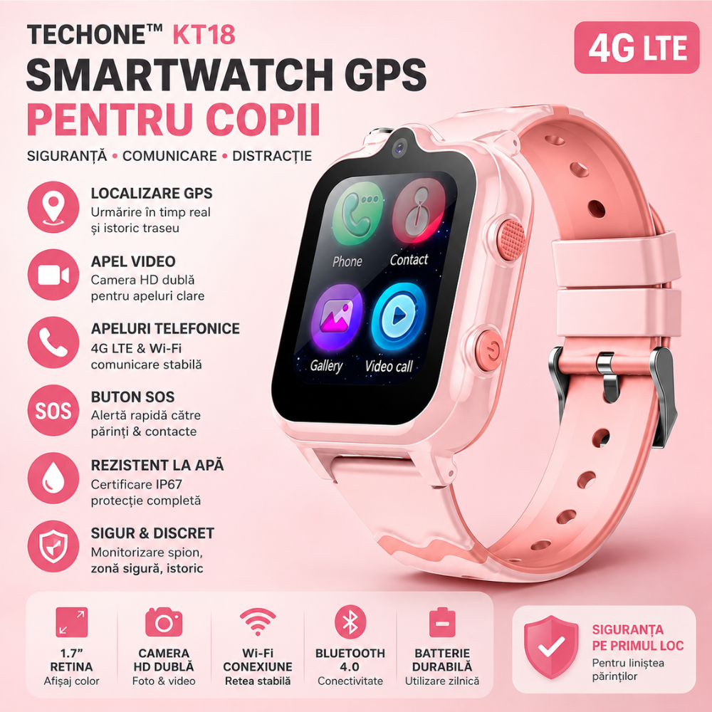 Ceas smartwatch GPS copii cu localizare si telefon Techone KT18, Roz