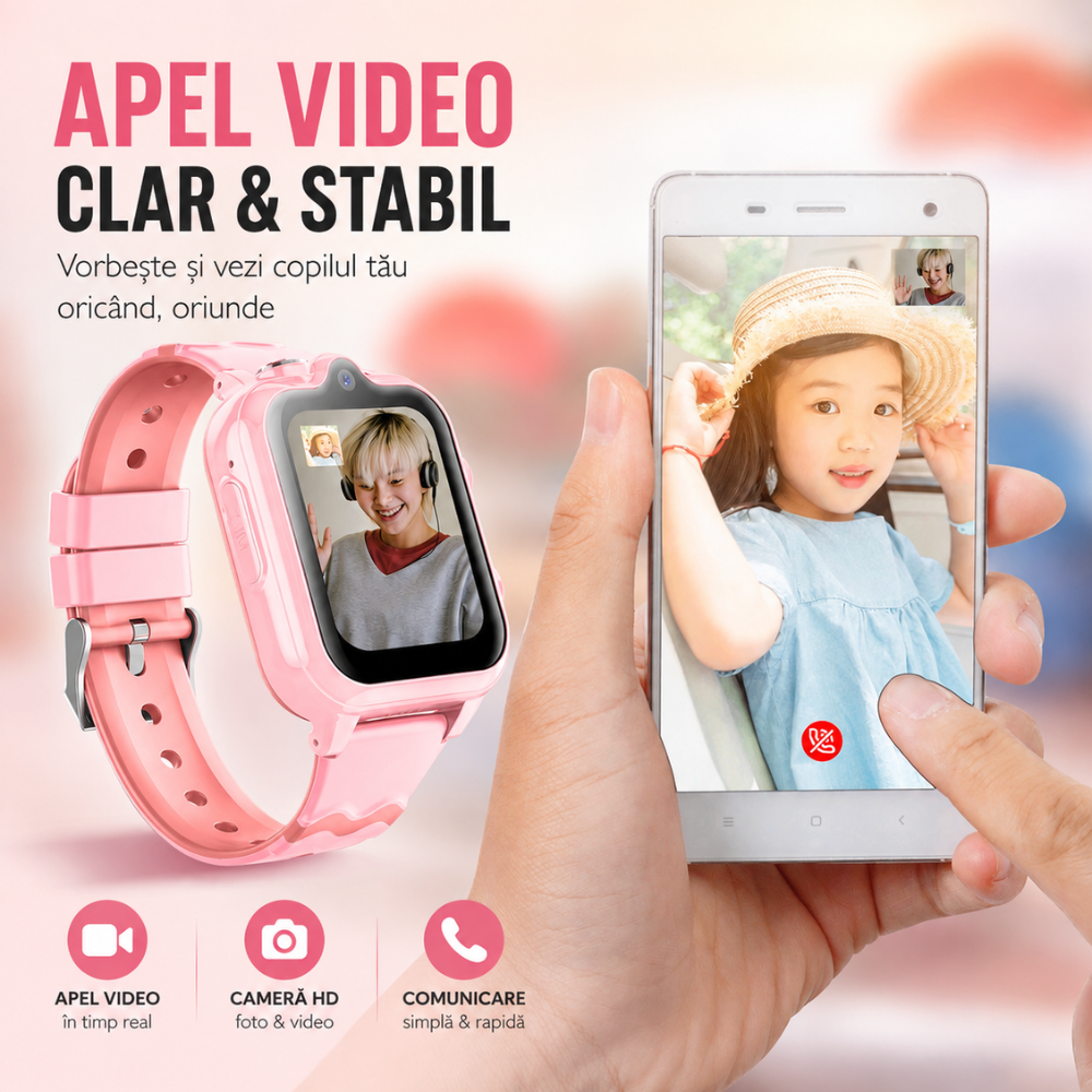 Ceas smartwatch GPS copii cu localizare si telefon Techone KT18, Roz