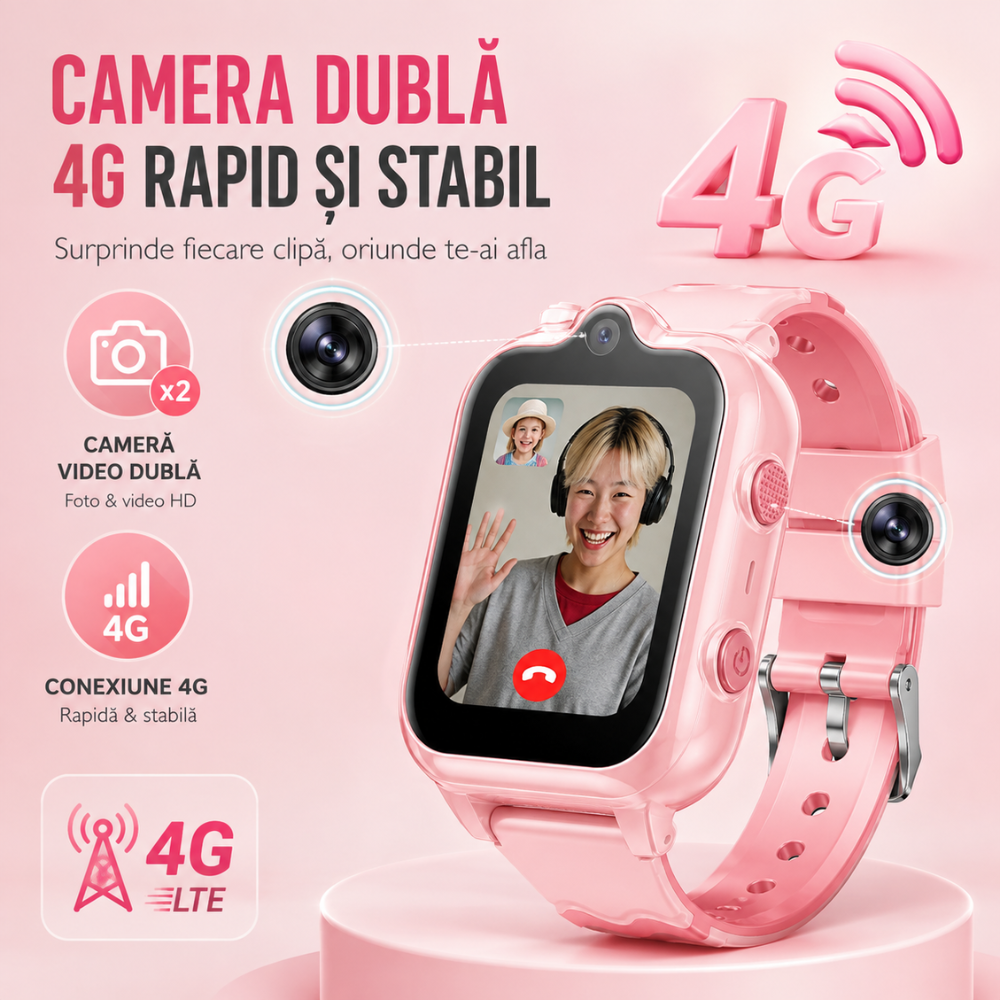 Ceas smartwatch GPS copii cu localizare si telefon Techone KT18, Roz