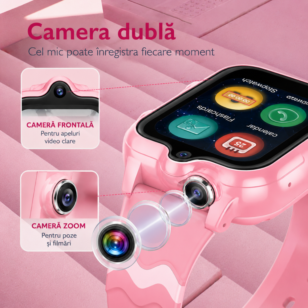 Ceas smartwatch GPS copii cu localizare si telefon Techone KT18, Roz