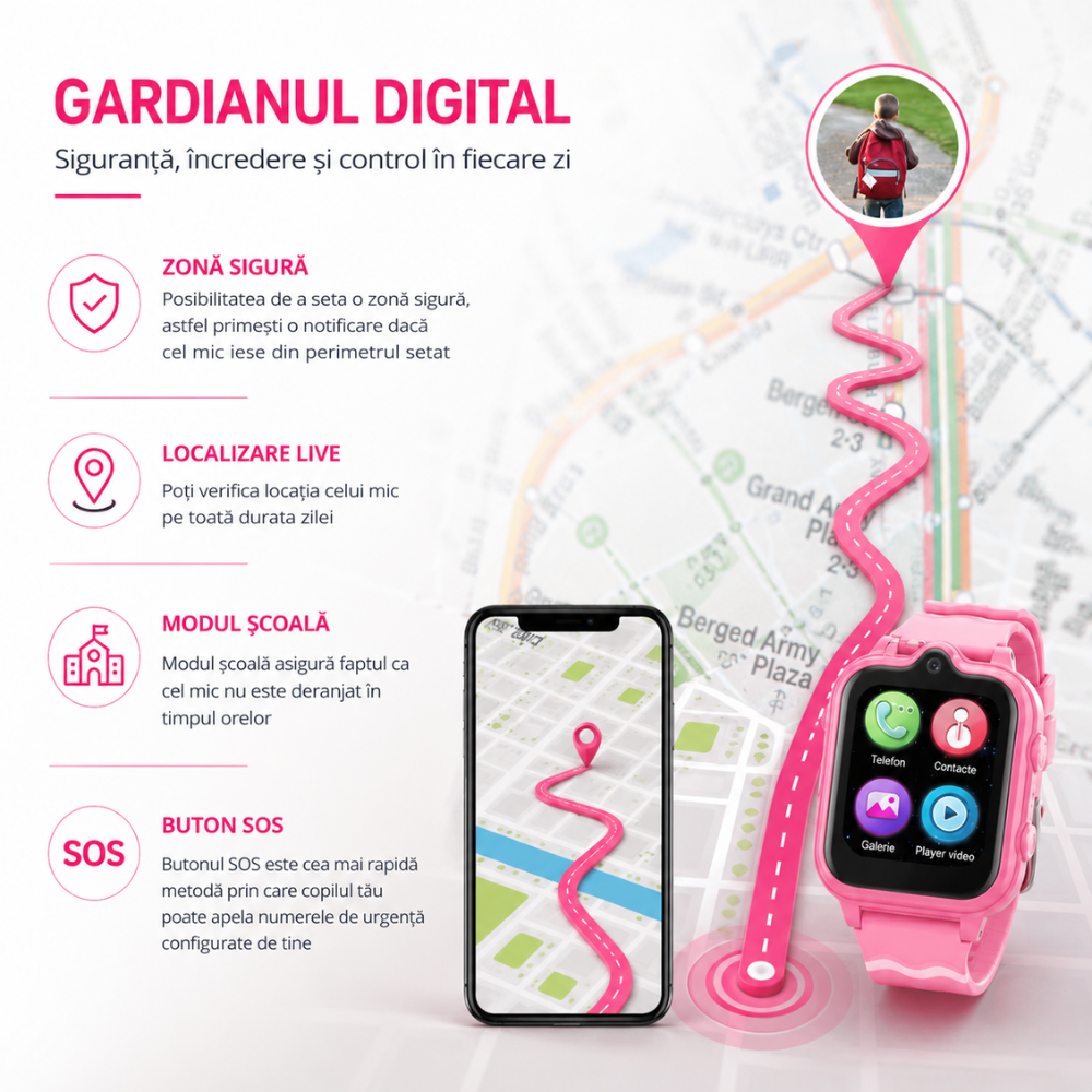 Ceas smartwatch GPS copii cu localizare si telefon Techone KT18, Roz