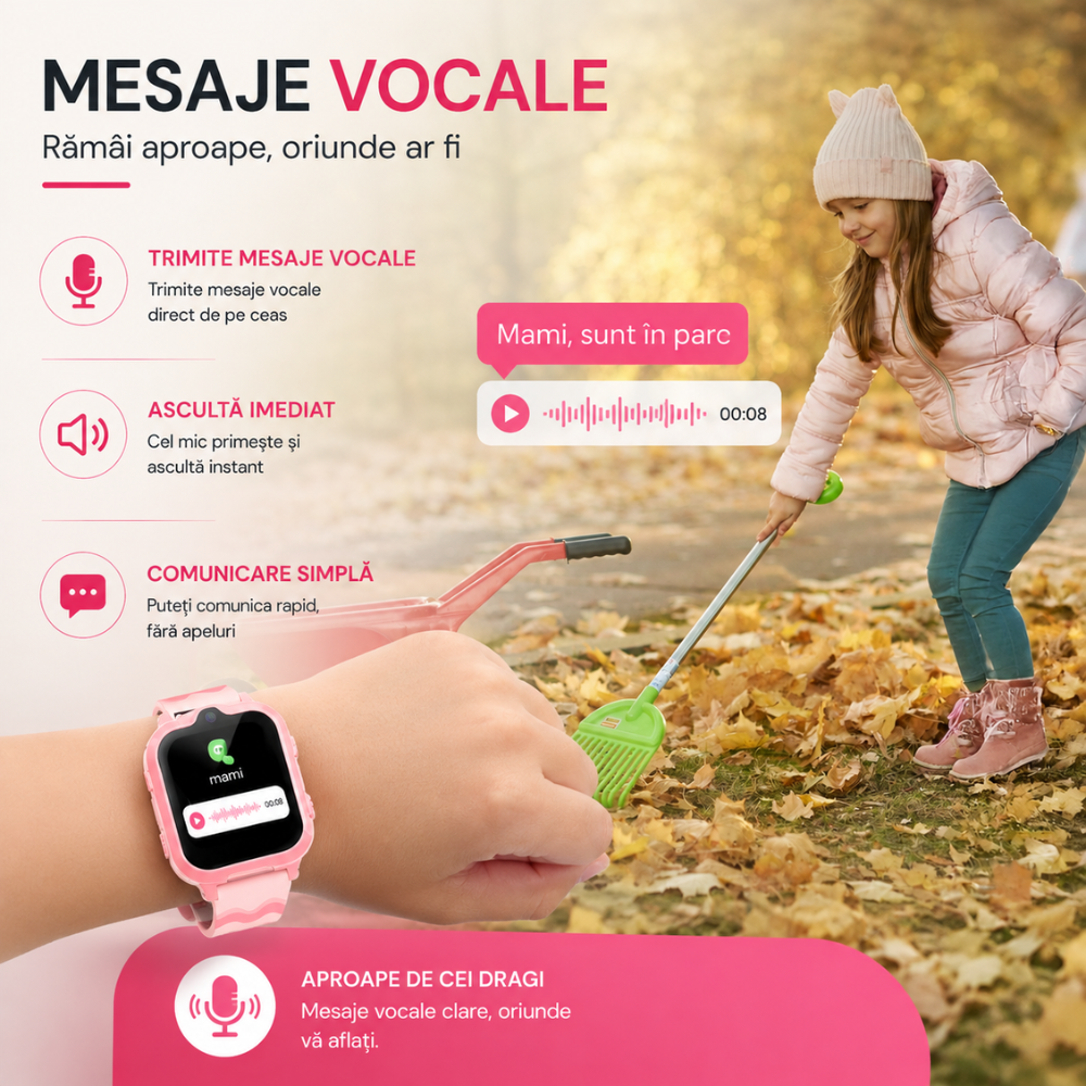 Ceas smartwatch GPS copii cu localizare si telefon Techone KT18, Roz