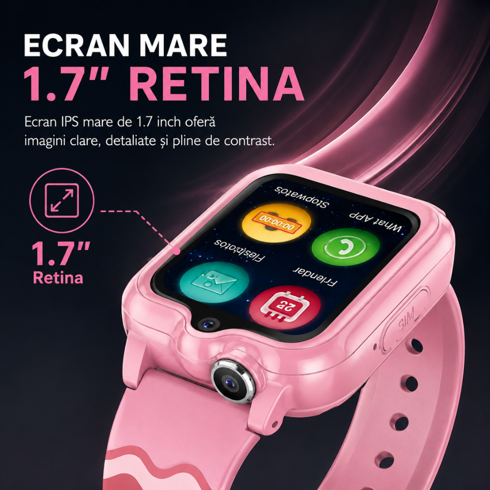 Ceas smartwatch GPS copii cu localizare si telefon Techone KT18, Roz