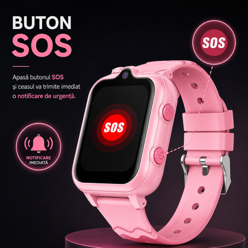 Ceas smartwatch GPS copii cu localizare si telefon Techone KT18, Roz
