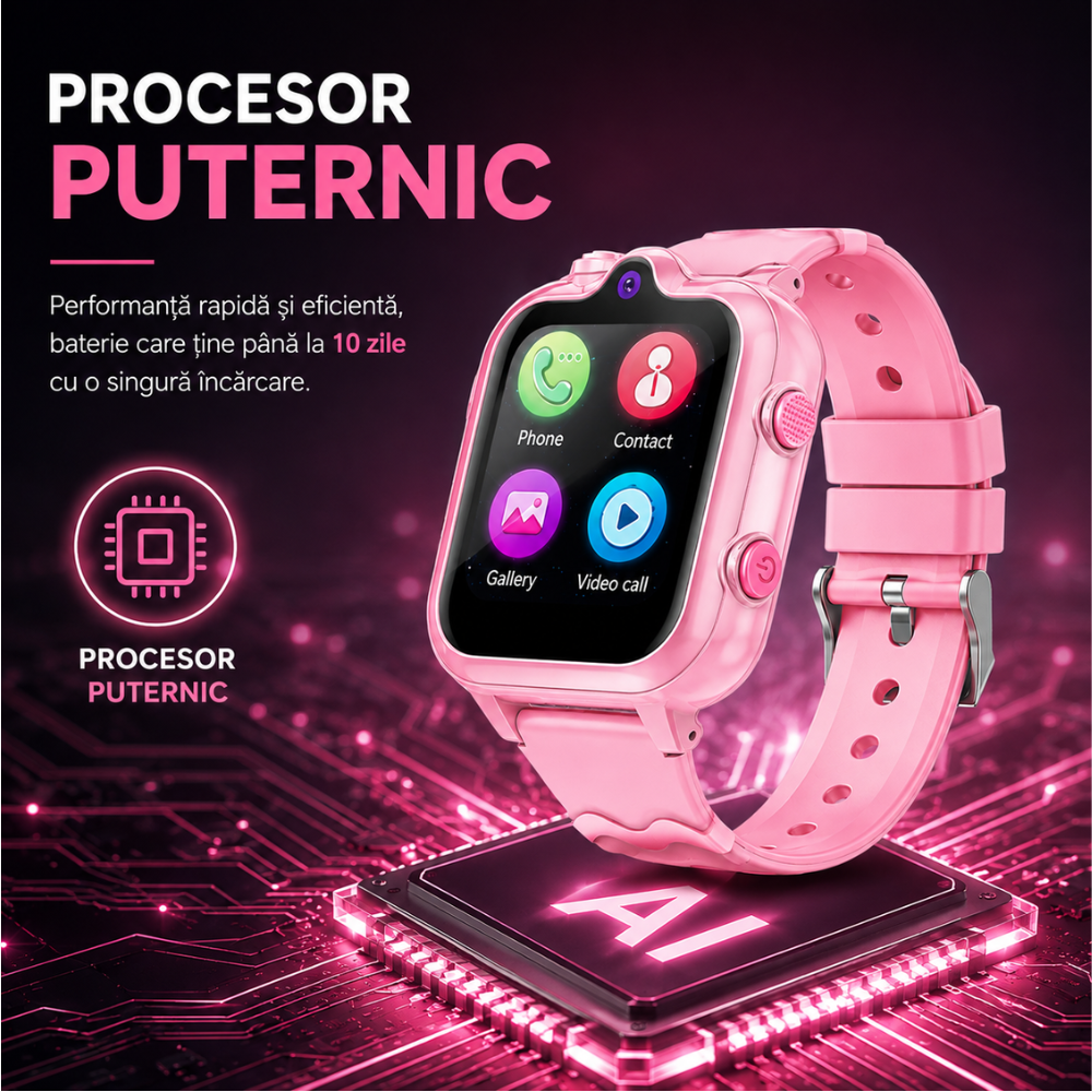 Ceas smartwatch GPS copii cu localizare si telefon Techone KT18, Roz