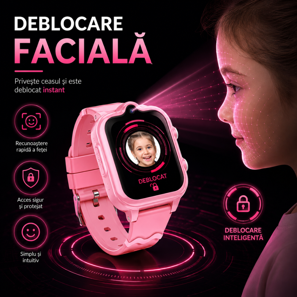 Ceas smartwatch GPS copii cu localizare si telefon Techone KT18, Roz