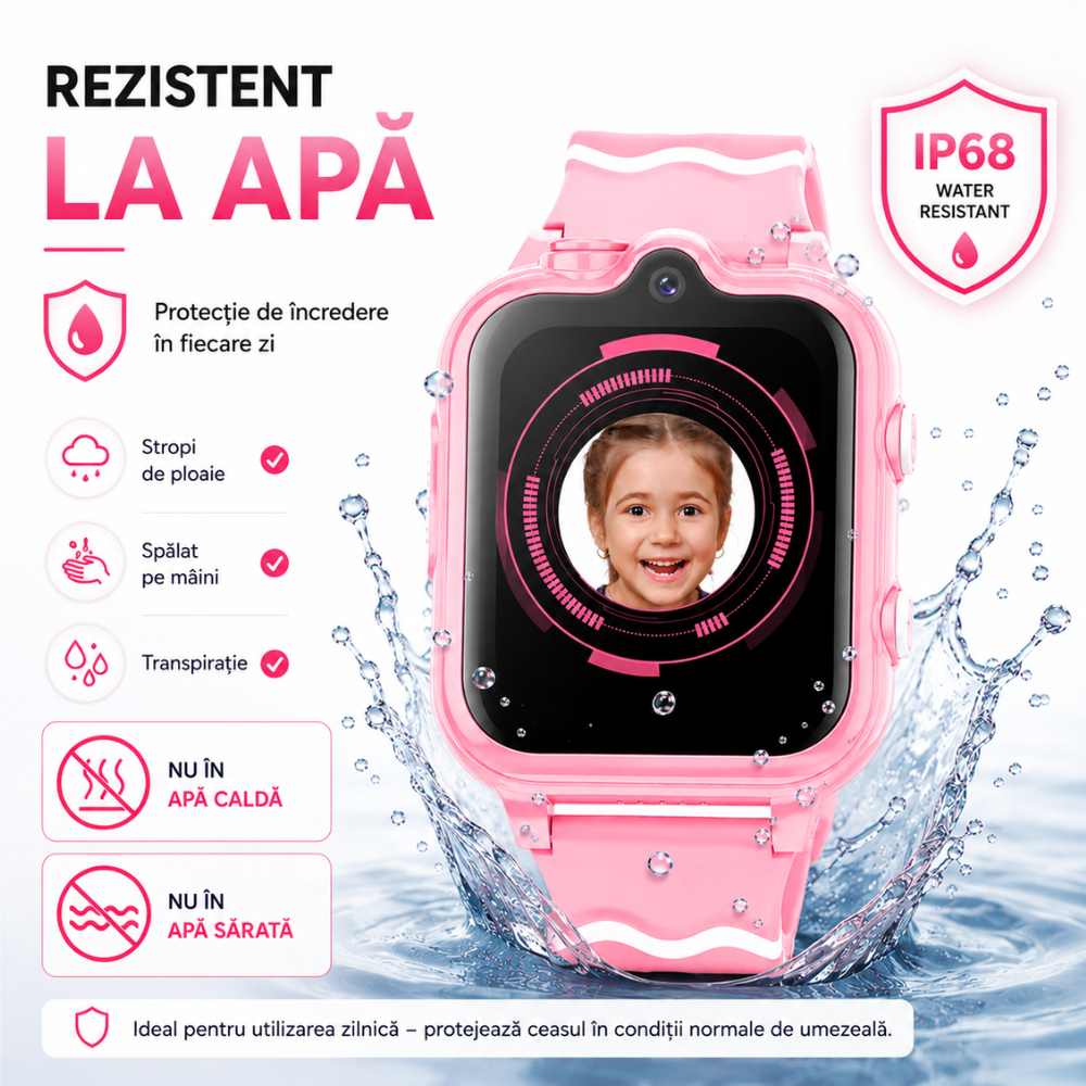 Ceas smartwatch GPS copii cu localizare si telefon Techone KT18, Roz