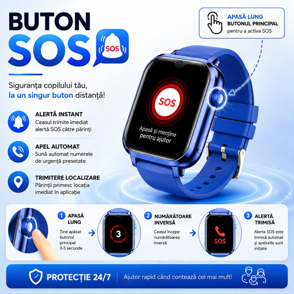 Ceas Smartwatch GPS Copii Cu Localizare Si Telefon Techone KT34 Maxi, Albastru