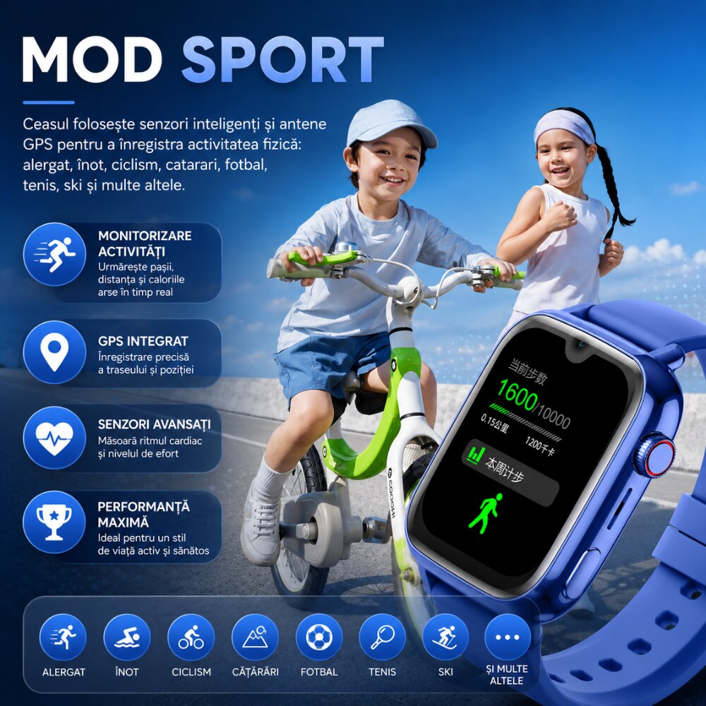 Ceas Smartwatch GPS Copii Cu Localizare Si Telefon Techone KT34 Maxi, Albastru