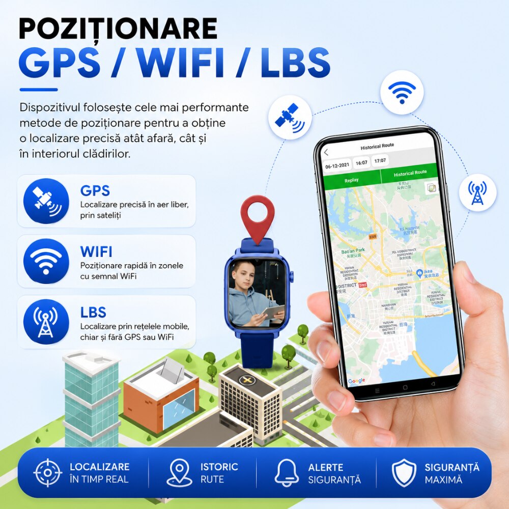 Ceas Smartwatch GPS Copii Cu Localizare Si Telefon Techone KT34 Maxi, Albastru