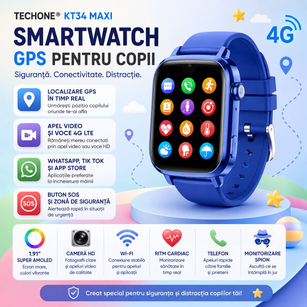 Ceas Smartwatch GPS Copii Cu Localizare Si Telefon Techone KT34 Maxi, Albastru