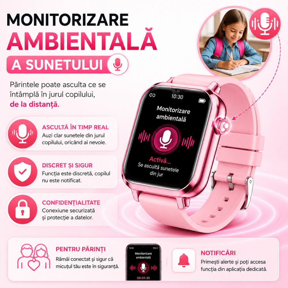 Ceas Smartwatch GPS Copii Cu Localizare Si Telefon Techone KT34 Maxi, Roz