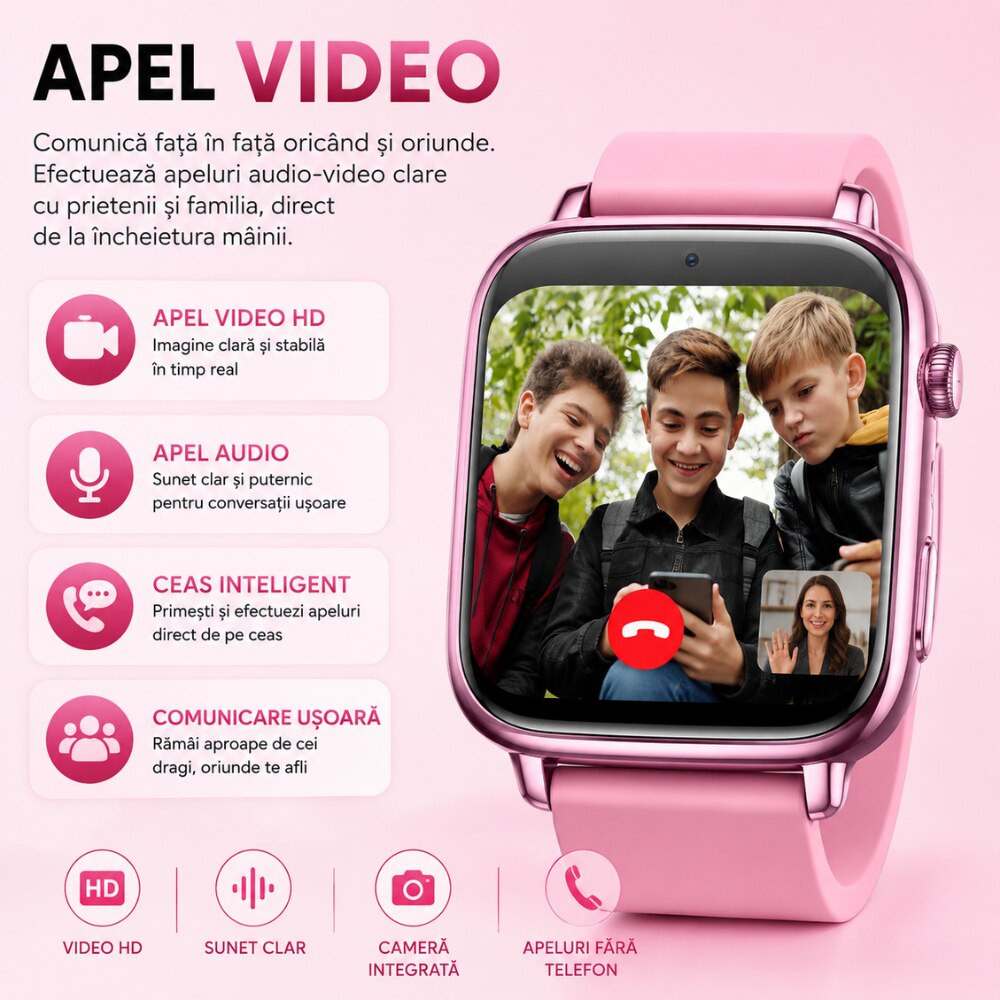 Ceas Smartwatch GPS Copii Cu Localizare Si Telefon Techone KT34 Maxi, Roz