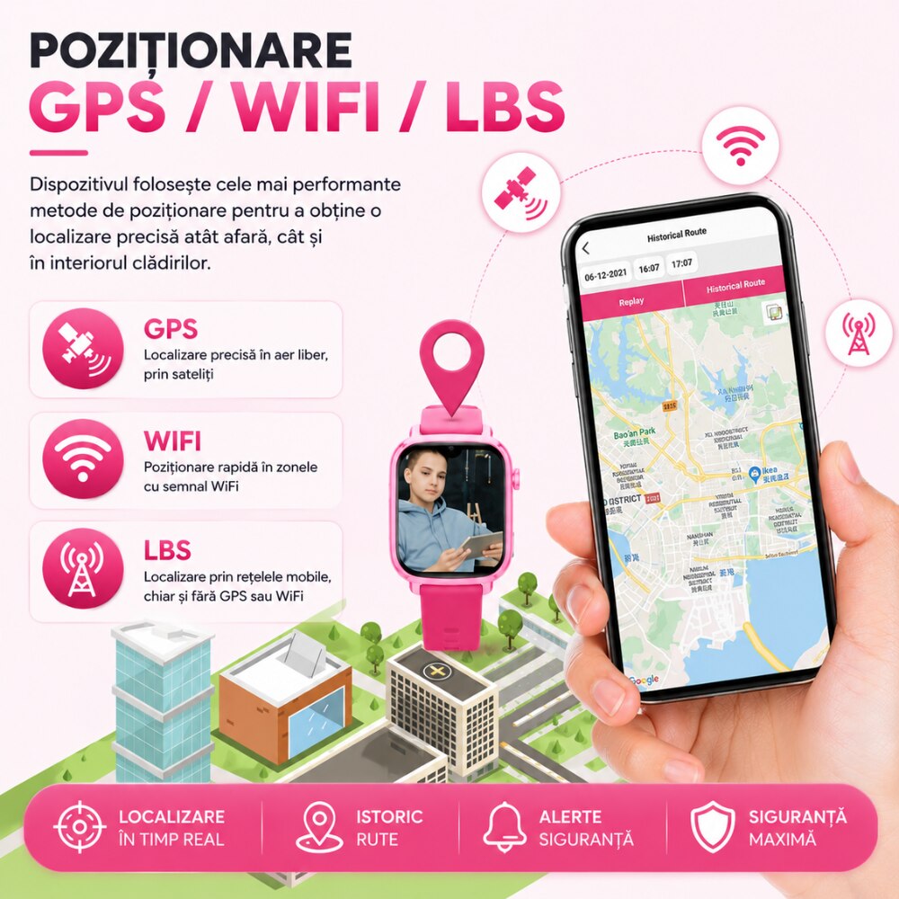 Ceas Smartwatch GPS Copii Cu Localizare Si Telefon Techone KT34 Maxi, Roz