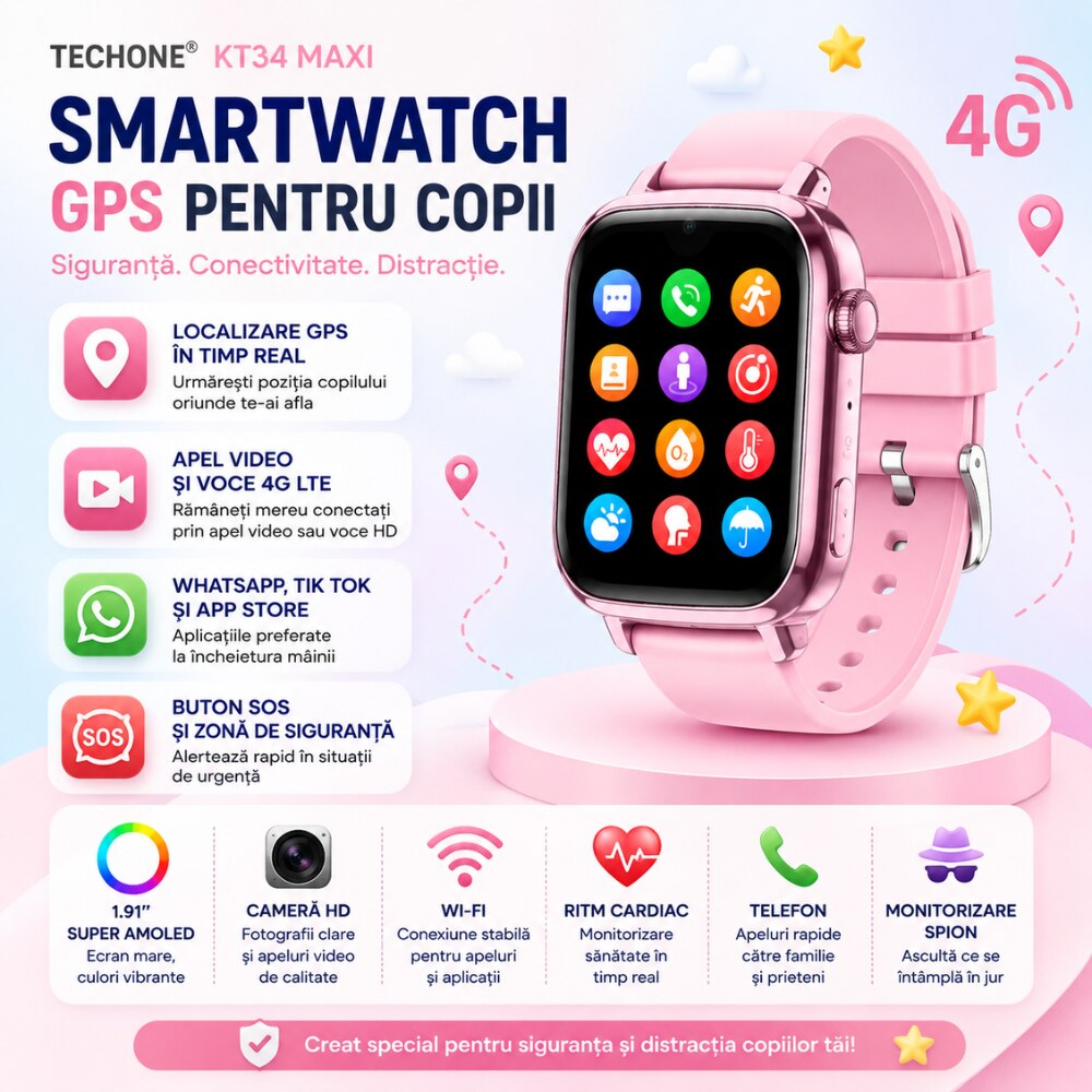 Ceas Smartwatch GPS Copii Cu Localizare Si Telefon Techone KT34 Maxi, Roz