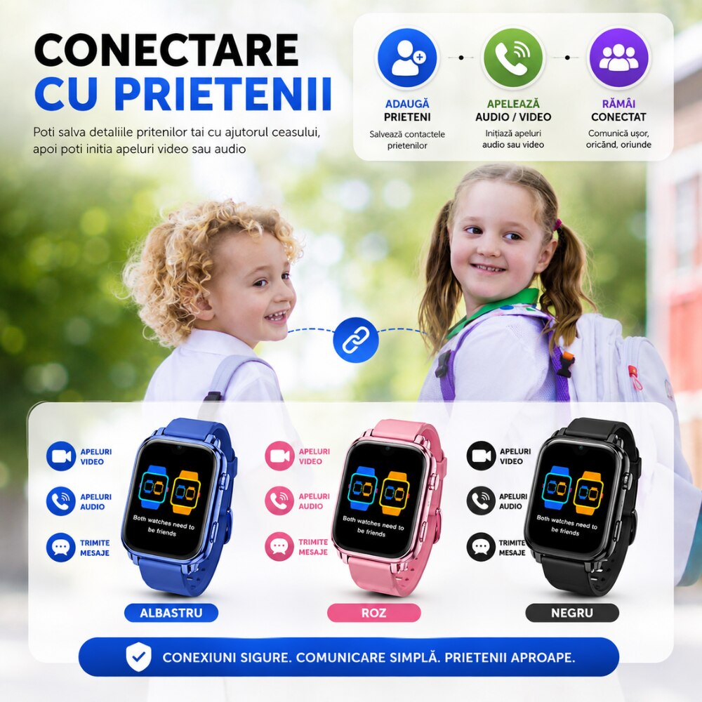 Ceas Smartwatch GPS Copii Cu Localizare Si Telefon Techone® TrackMe KT34 Pro, Negru