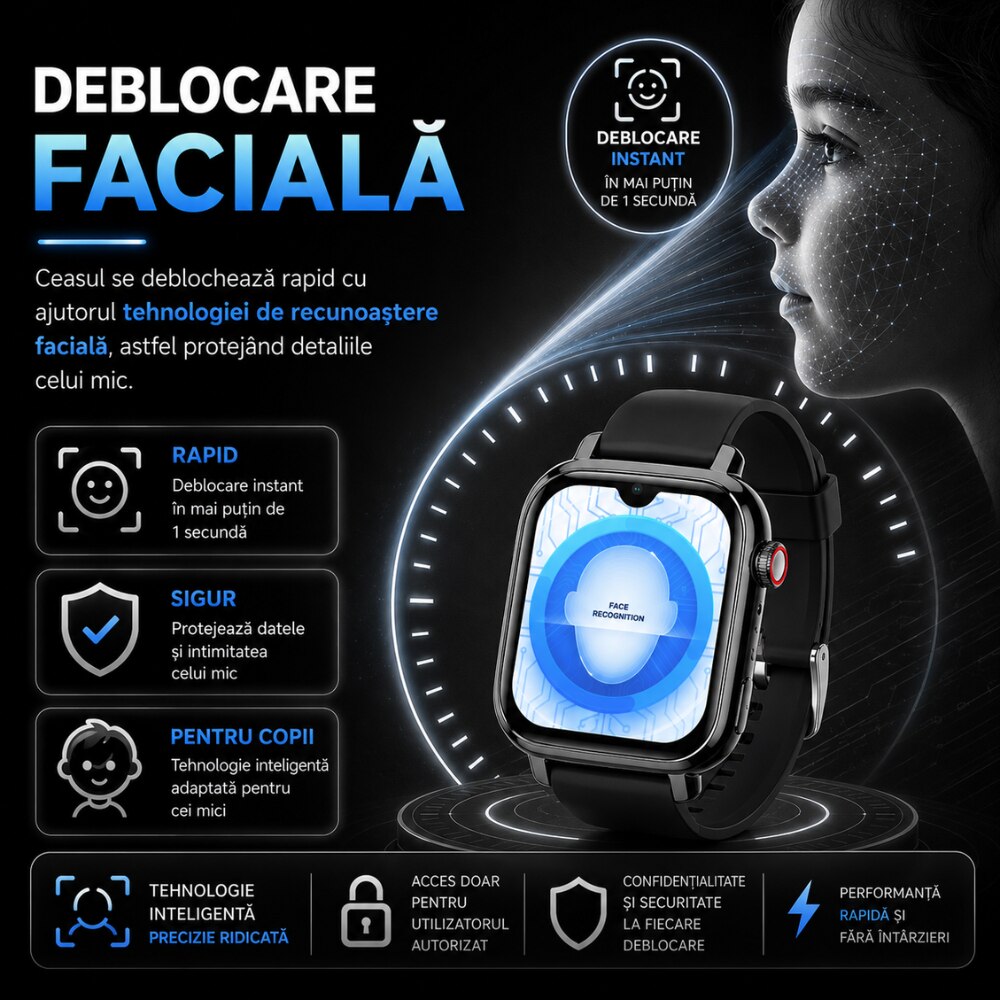 Ceas Smartwatch GPS Copii Cu Localizare Si Telefon Techone® TrackMe KT34 Pro, Negru