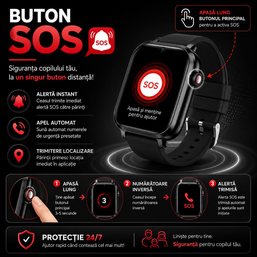 Ceas Smartwatch GPS Copii Cu Localizare Si Telefon Techone® TrackMe KT34 Pro, Negru