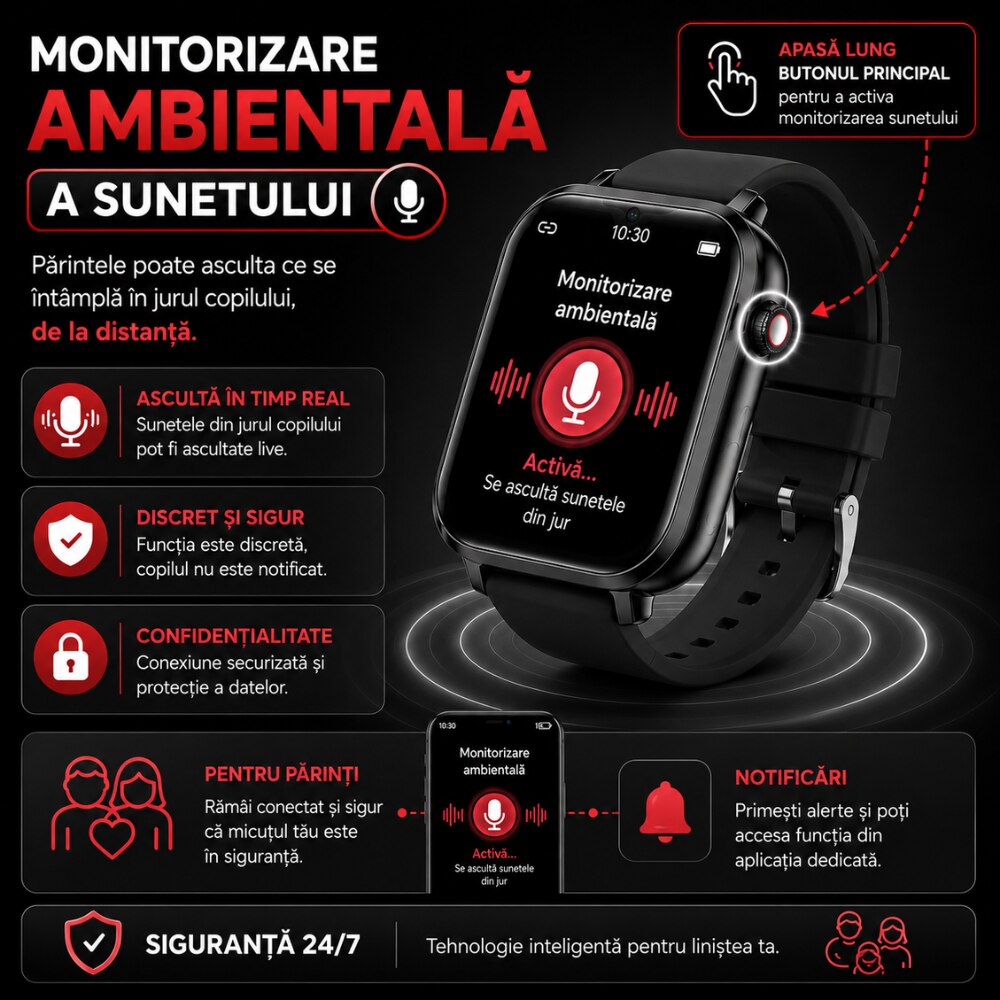Ceas Smartwatch GPS Copii Cu Localizare Si Telefon Techone® TrackMe KT34 Pro, Negru