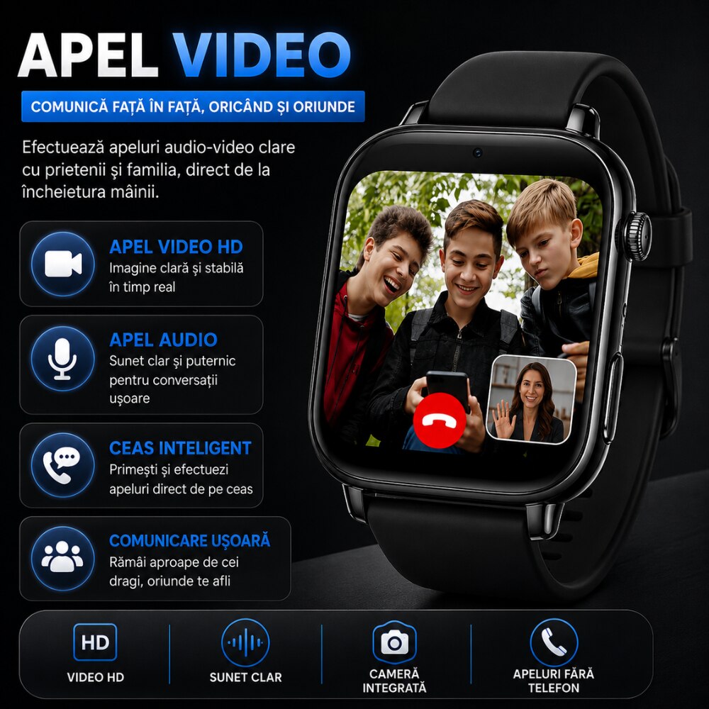 Ceas Smartwatch GPS Copii Cu Localizare Si Telefon Techone® TrackMe KT34 Pro, Negru