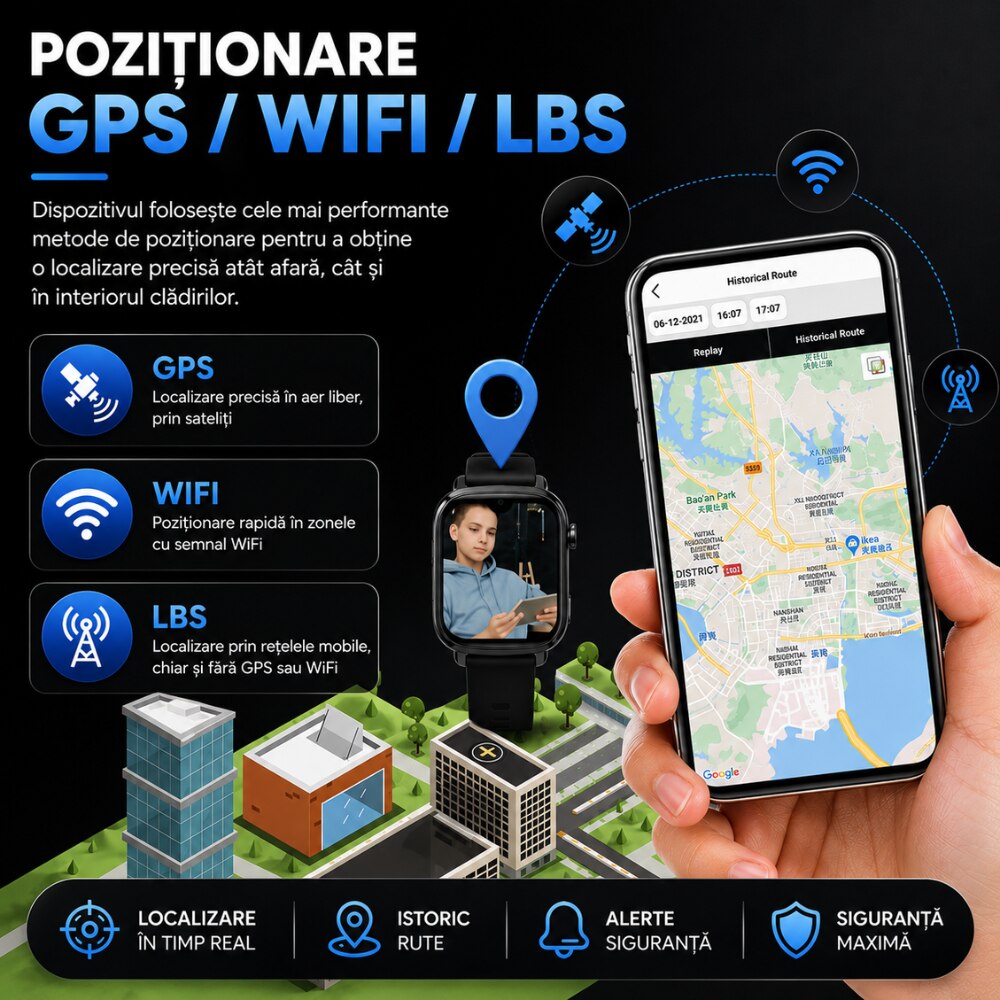 Ceas Smartwatch GPS Copii Cu Localizare Si Telefon Techone® TrackMe KT34 Pro, Negru
