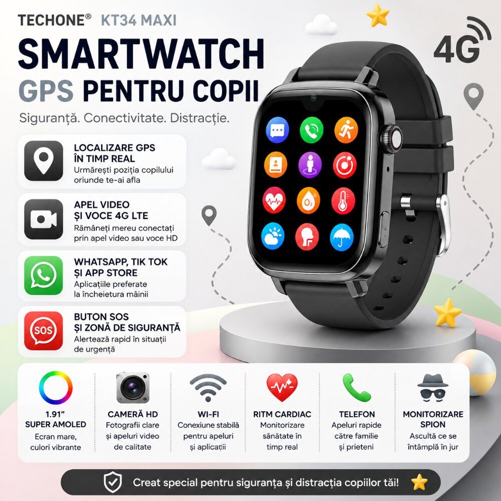 Ceas Smartwatch GPS Copii Cu Localizare Si Telefon Techone® TrackMe KT34 Pro, Negru